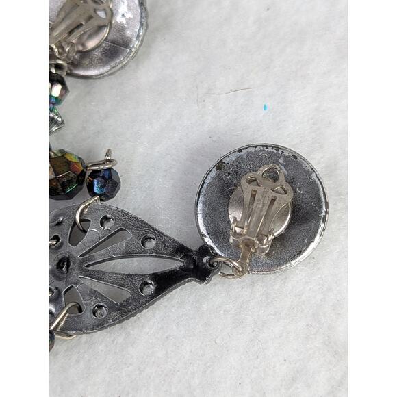 Vtge 70'sShoulder duster earrings 7" Black Aurora  bicone beads Width 7/8" EVC - Picture 6 of 7